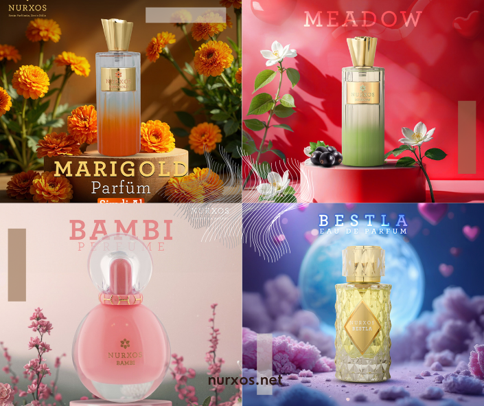 A luxurious display of NURXOS perfume bottles representing different personality types, featuring floral, woody, citrus, and musky scents.